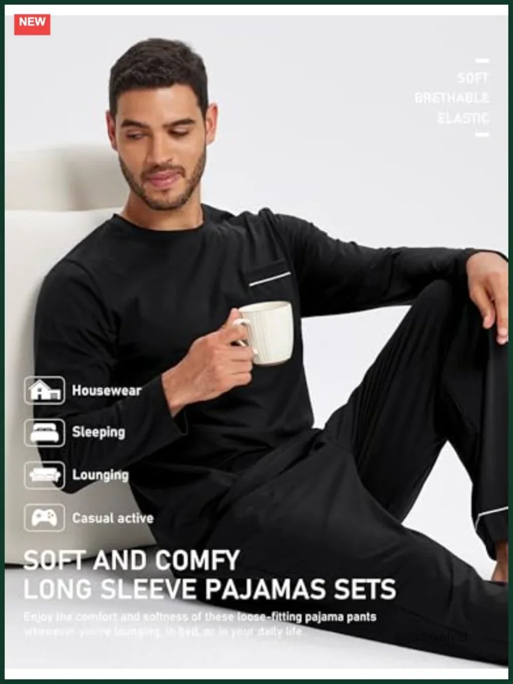Men's Cotton Pajama Set Long Sleeve Sleepwear with Elastic Waist & Pockets